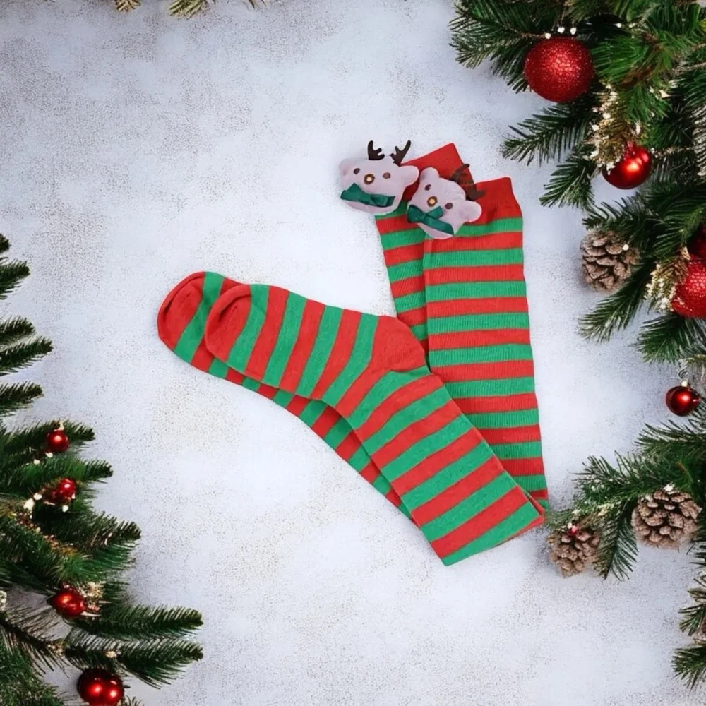 Plush Reindeer Christmas Over-the-Knee Socks Red & Green Striped, Soft Polyester